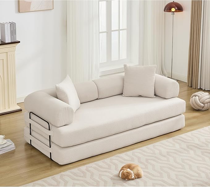 Convertible Sleeper Sofa Bed with Cylindrical Pillow Corduroy Folding Mattress Couch with Fixed-Shape Frame Floor Sofa Lounge Couch for Living Room Bedroom Lounge Studio Beige
