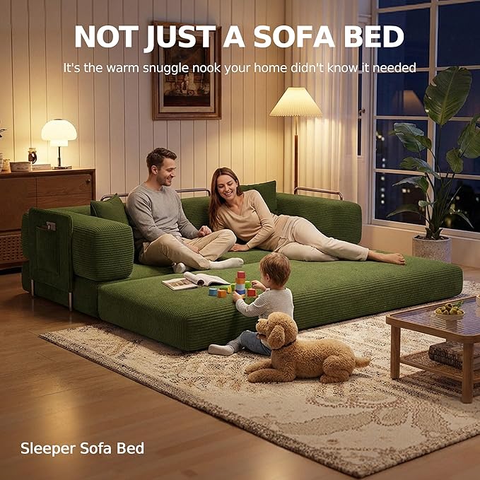 MoonSpeak 78.8''Sleeper Couch Bed for LivingroomConvertible Modular Sofa with Armrest PillowModular Foldable Corduroy Couches in a BoxNo Assembly (Green)