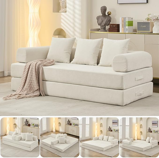 Convertible Folding Sofa Bed Modular Floor Couch 78.8‘’ Cloud Sleeper Sofa with Removable Backrest Chenille Foldable Mattress Couch Lazy Loveseat for Small Space Apartment Bedroom Beige