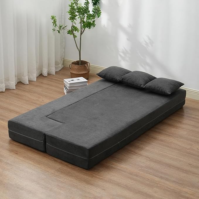 VEVOR Folding Sofa Bed 3-in-1 Foldable Couch Bed with 3 Pillows and Washable Cover 25D High Density Memory Foam Convertible Sleeper Chair Bed Futon Couch Dark Grey(Twin XL)