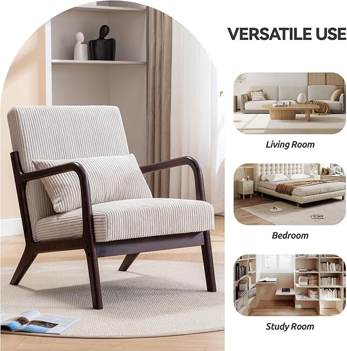 Mid Century Modern Accent Chairs Set of 2 Living Room Chairs Boho Armchair Set of 2 with Lumbar Pillow Solid Wood Frame &amp Corduroy Fabrics for Living Room Bedroom