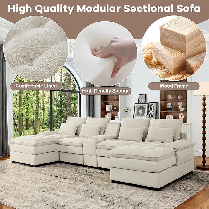 130 U Shaped Cloud Couch Modular Sectional Sofa with Chaise Lounge Comfy Fluffy Cloud Sectional Couches for Living Room Modern Modular Sofa with Central Console (Beige)