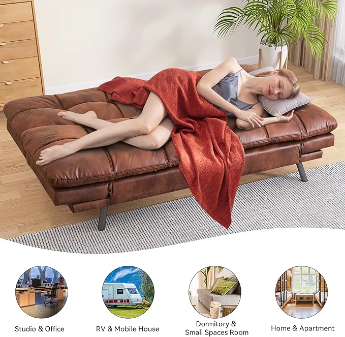 71 Convertible Futon Sofa BedFaux Leather Futon CouchMemory Foam Loveseat Sleeper SofaSmall Splitback Modern Folding Couch for Living RoomOfficeApartmentSaddle Brown