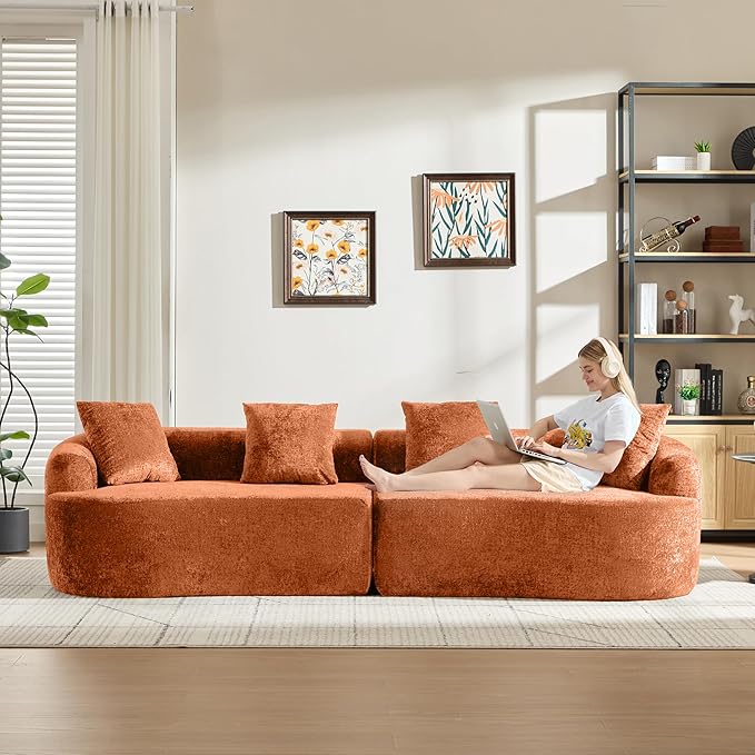 Curved Sectional Couch 110 Chenille Cloud Sofa with 4 Pillows 4-Seater Sleeper Sofa for Living Room Apartment Full Compression Sponge (Orange 110 Inch)