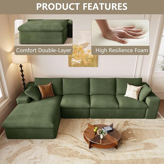 136 Cloud Couch Modular Sectional Couchs with Chaise Lounge L-Shape Boneless Couches for Living Room Corduroy Sofa with Deep Seat No Assembly Required (Green Left Facing Chaise)