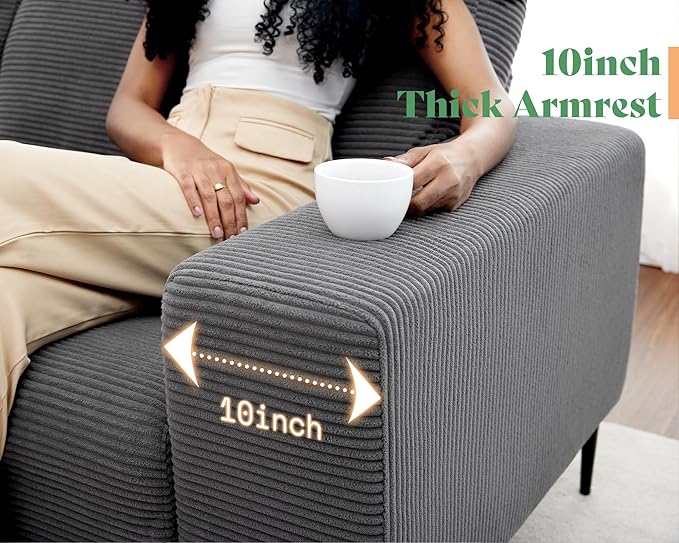 AMERLIFE 89-Inch 3-Seater Couch - Cozy Sofa with Extra Deep Seats Modern Chair Set for Living Room Grey Corduroy