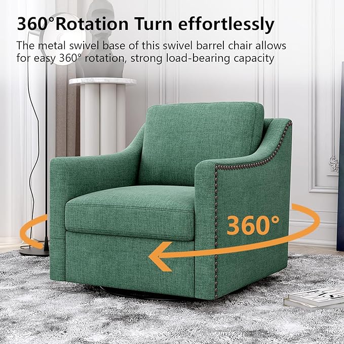 Mid-Century Modern Swivel Accent Chair with 360 Degree Rotation Skin-friendly Cotton Linen Fabric Upholstered Armchair with Brass Nailhead Trim Soft Padded Single Sofa Chair for Living Room Green