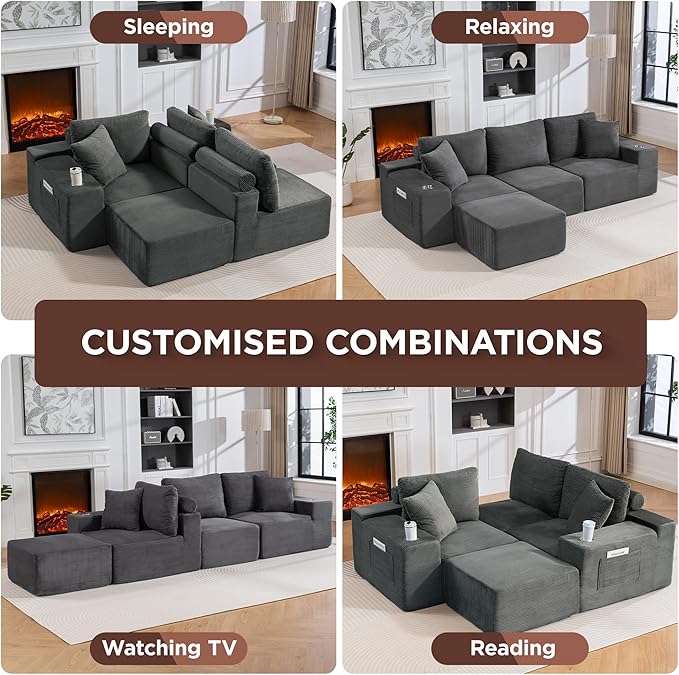 110Modular Sectional Sofa CouchesConvertible L-Shape Cloud Couch 3 Seat Oversized Chaise with OttomanCompressed FoamComfy BonelessSide PocketsCup Holders for Living RoomApartmentCorduroy Grey
