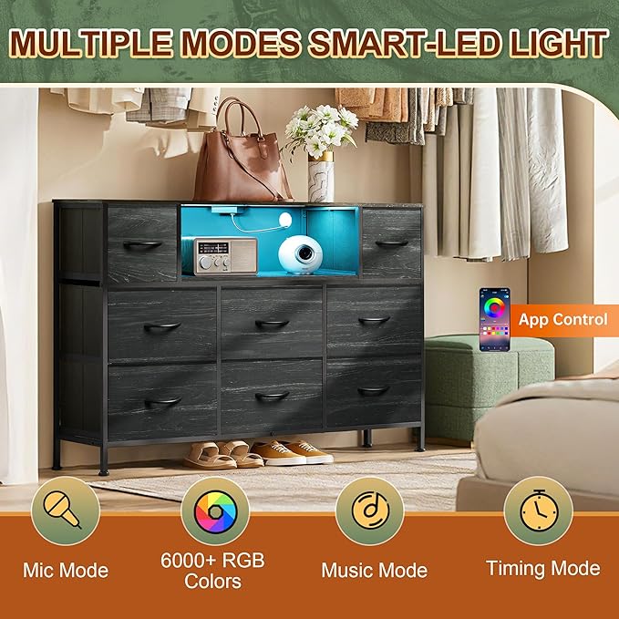 Black TV Stand for 45 50 55 inch TV TV Media Console Table with LED Lights &amp Charging Station Entertainment Center with 8 Fabric Drawers and Open Shelves for Living Room Hallway