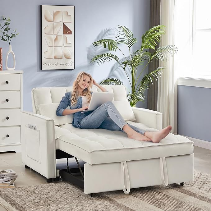 3 in 1 Convertible Sleeper Sofa Couch with Pull Out Bed55 Velvet Upholstered Futon Sofa BedModern Loveseat Sleeper Chaise with Adjustable Backrest for Living Room Guest Room Apartment(White)