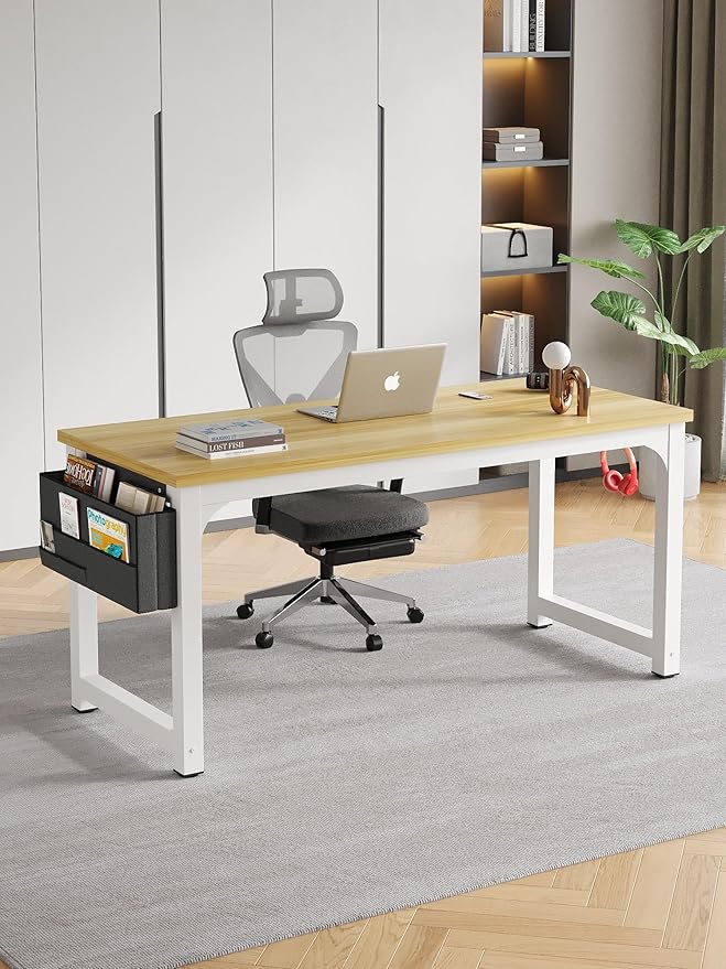 Large Computer Desk - 63 Inch Home Office Desks Study Student Writing Table Gaming Desk Wood Modern Simple Table with Storage Bag &amp Headphone Hooks Rustic White