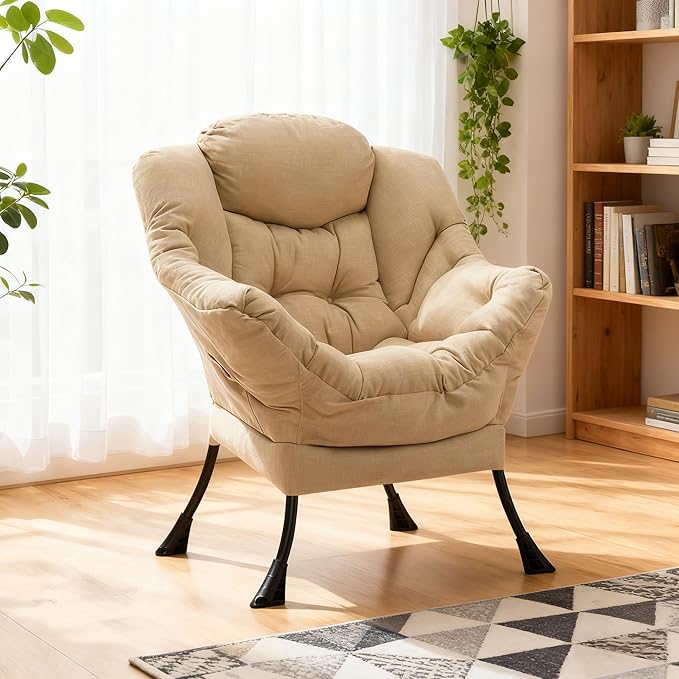 HollyHOME Lazy Chair with Armrest and Side Pocket Comfy Accent Lounge ChairLeisure Sofa Armchair for Living Room Bedroom Dorm or Small Spaces Oversized Reading Sofa ChairCotton-Linen Tan
