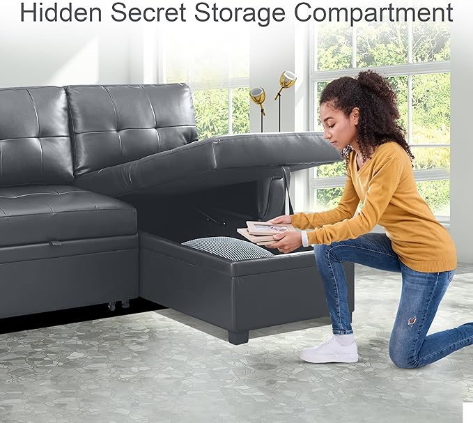 Naomi Home L Shaped Sectional Couch with Storage &amp Pull Out Bed – 3-in-1 Convertible Sleeper Sofa Bed Small L Shape Sofa for Living Room Sofa Bed with Storage Chaise in Dark Gray Air Leather