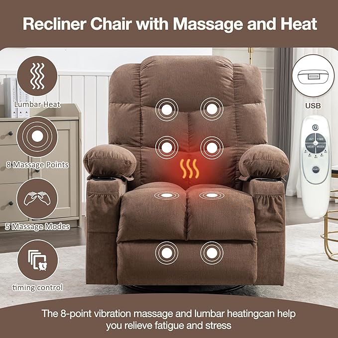 Massage Rocker Recliner Chair with Heat and Vibration Ergonomic Rocking Lounge Chair for Living Room Comfy with 2 Side Pockets 2 Cup Holders USB Charge Port (Brown)