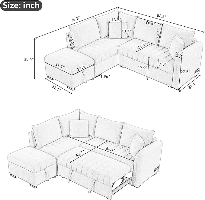 LUMISOL 82.6 Convertible Sleeper Sofa Bed with Storage Ottoman L-Shaped Sectional Sofa with Charging Stations Pull Out Sofa Couch with Chaise for Living Room Apartment Beige