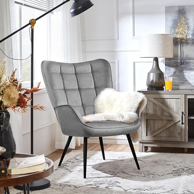 Yaheetech Accent Chairs Large PU Leather High-Back Chair w/Metal Legs Pottery Barn Style Living Room Chairs for Bedroom/Home Office Gray