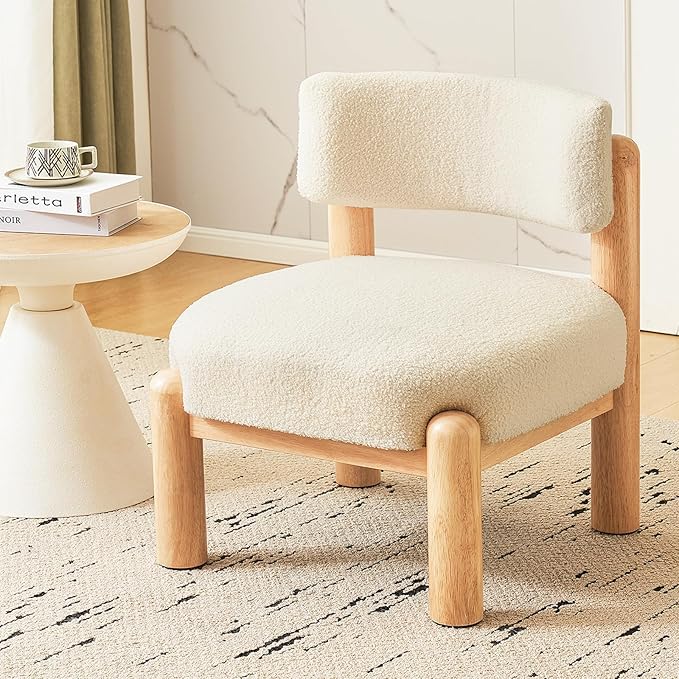 Furniliving Mid Century Accent Chair Armless Upholstered Living Room Chair with Solid Wood Comfy Modern Lounge Chairs for Bedroom Home Office Dining Room Reading Room Beige White