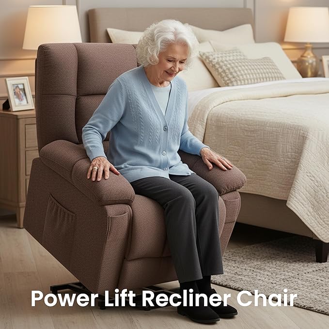 HealSmart Power Lift Recliner Chair with Massage &amp Heat Overstuffed Fabric Reclining Chair with Remote Side Pockets for Living Room &amp Bedroom Brown