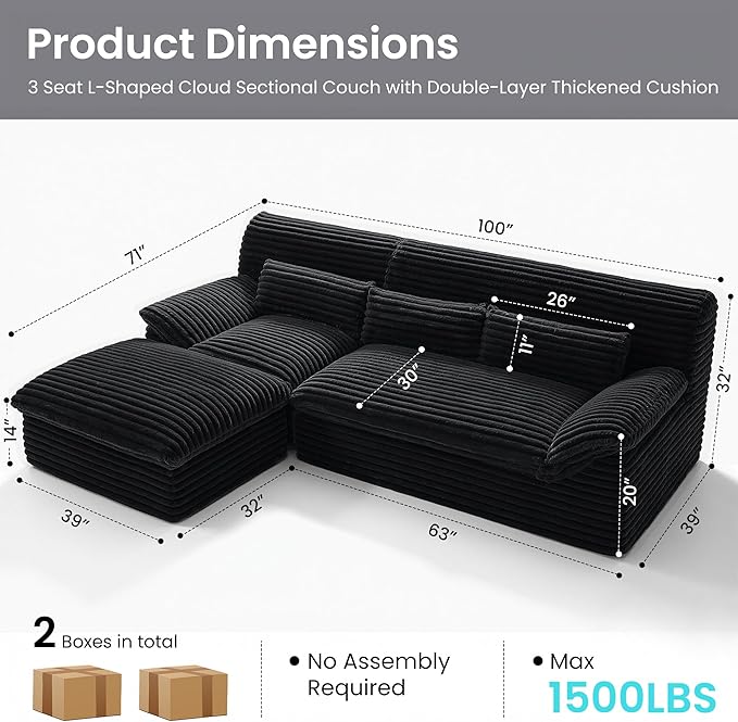 Pamapic 3-Seat L-Shaped Modular Sectional SofaBoneless Cloud Couch with Double-Layer Deep Seat Comfy Corduroy Fabric 72h ReboundBlack