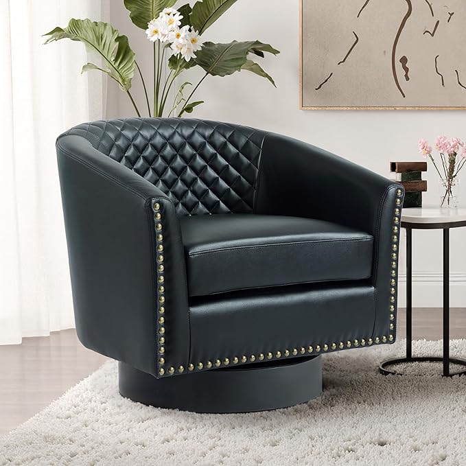 Lumibee 360° Swivel Barrel Chair Faux Leather Swivel Accent Chair with Nailhead Trim Upholstered Round Club Chair Armchair for Living Room Bedroom Black