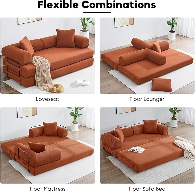 Convertible Sleeper Sofa Bed with Cylindrical Pillow Corduroy Folding Mattress Couch with Fixed-Shape Frame Floor Sofa Lounge Couch for Living Room Bedroom Lounge Studio Orange