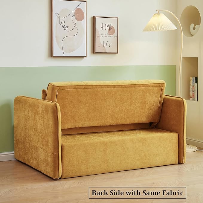 JULYFOX Yellow Pull Out Sofa Sleeper Bed 53.5 inch Wide Loveseat Couch Sleeper with Armrest 2 Throw Pillows Heavy Duty Design for Small Spaces
