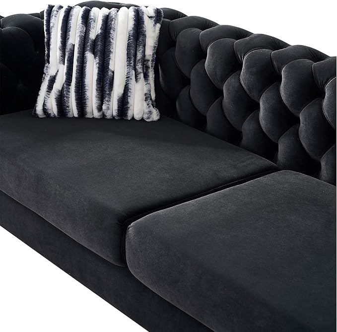 Chesterfield Modern Tufted Velvet Living Room Sofa with High Armrest and Metal Legs Decor 84.25''W 3 Seater Couch Couches Furniture for Bedroom Office (Black)