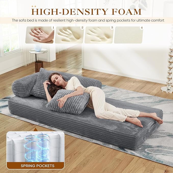 78.5W Convertible Folding Sofa Bed Corduroy Upholstered Queen Size Foam Floor Couch with Fixed-Shaped Frame Loveseat Sleeper Compression Sofa Foldable Mattress for Living Room Bedroom(Light Grey)