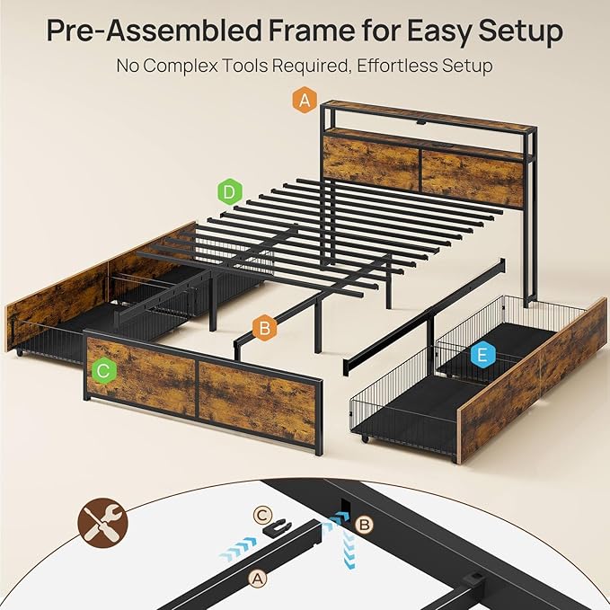 Rolanstar Queen Bed Frame with 4 Storage Drawers Charging Station and LED Lights Metal Platform Bed with 2-Tier Storage Headboard No Box Spring Needed Easy Assembly Noise-Free Rustic Brown