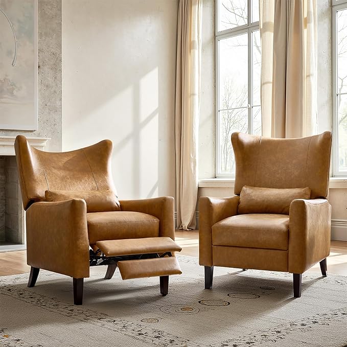 HULALA HOME Wingback Recliner Chair Faux Leather Upholstered Armchair with Lumbar Pillow Thick Padded Cushion and Solid Wood Legs for Living Room &amp Bedroom Set of 2 Camel