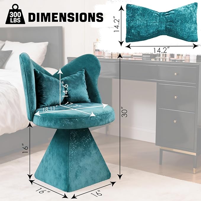 KEIKI Chenille Vanity Chair with Butterfly Back 360° Swivel Armless Accent Chair Upholstered Single Sofa Chair for Living Room Bedroom Dining or Vanity Blue