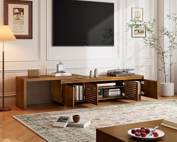 LKTART Mid Century Modern TV StandExtendable Entertainment Center for 65/70/75/80 Inch TVMedia Console for Living Room&ampBedroom Brown Ebony
