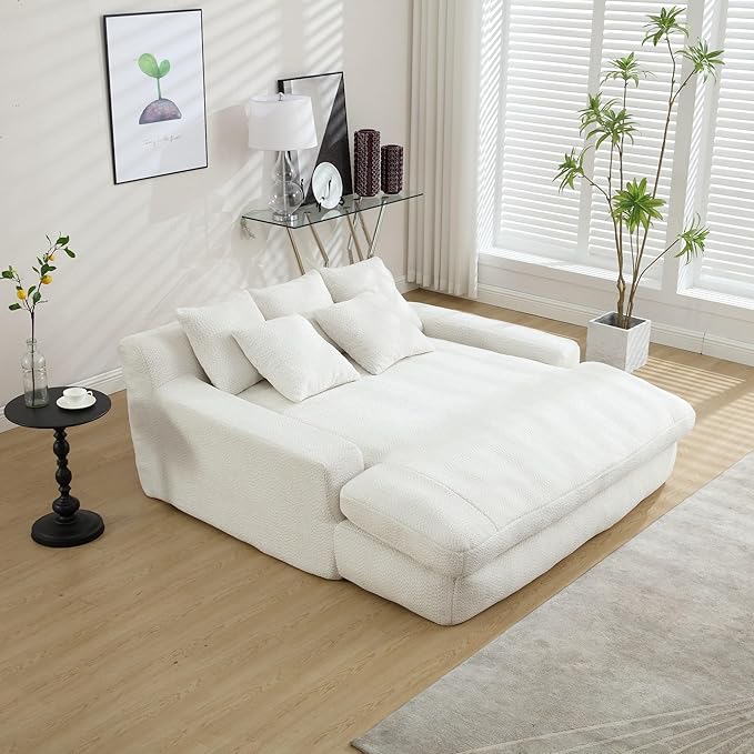 Chenille Double Chaise Lounge Indoor for Huge Person Upholstered Cloud Sofa Bed with 5 Pillows and Armrests Twin Sleeper Sofa Couch Bed for Living Room Guest Room Club (White)