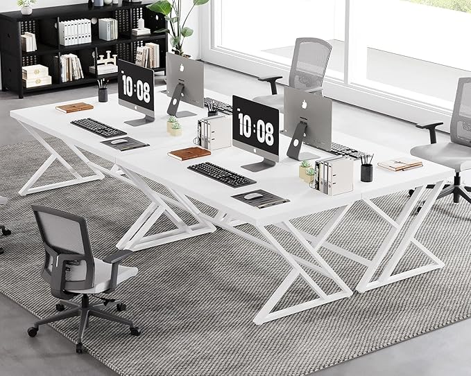 LVB Modern White Computer Desk Long Industrial Home Office Desk for Student Large Metal Wood Writing Study Work Desk Farmhouse Executive Gaming Computer Table for Bedroom Living Room White 60 in