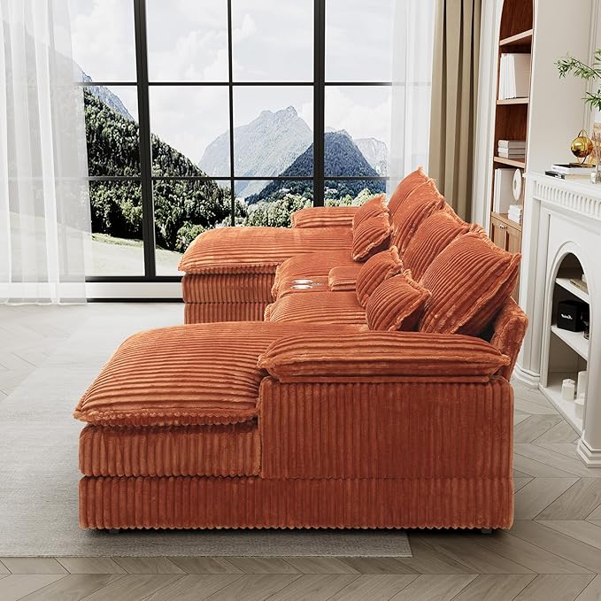 HYJT-H&ampK 124 U Shaped Cloud Couch Sectional Comfy Fluffy Plush Corduroy Orange Sectional Couches for Living Room Modern Modular Corduroy Couch Sectionals with Central Console &amp Double Chais