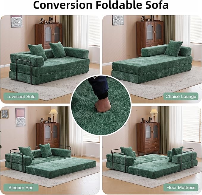 Convertible Floor Sofa Bed Fold Out Floor Couch with Pillow Back &amp Armrest Compressed Couch with Fixed-Shape Frame Chenille Foldable Sleeper Sofa Bed for Living Room Bedroom Dark Green