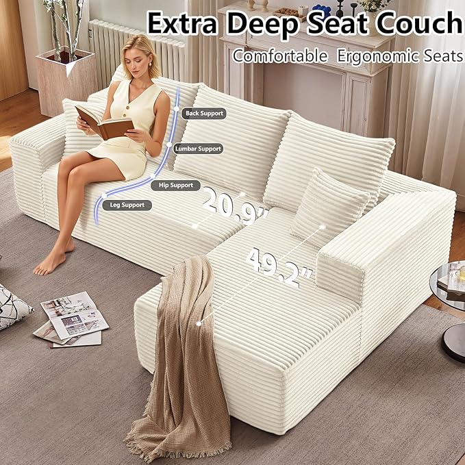 107 Cloud Sectional Couch with L-Shape Chaise Modern Modular Comfy Sofa Chaise Longue Upholstered Corduroy Couches Sleeper with Deep Seat for Living Room Bedroom No Assembly Required White