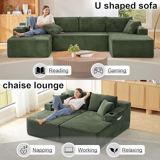 134 Inch U-Shaped Couch Modular Sectional Sofa Oversized Corduroy Boneless Couch with Cup Holder and Storage Pocket 4-Seater Upholstered Cloud Sofa for Living Room No Assembly Required Green