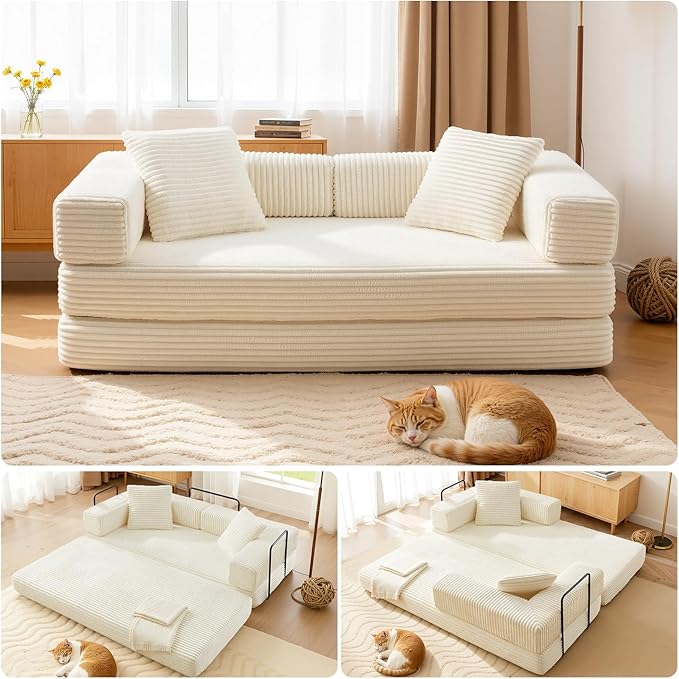 81'' Futon Sofa Bed Folding Floor Couch Bed Corduroy Fabric Boneless Couch Compressed Boneless Sofa in a Box Comfy Sleeper for Living Room-Beige