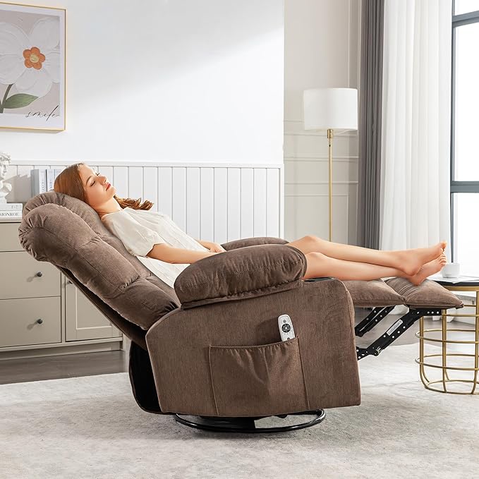 Massage Rocker Recliner Chair with Heat and Vibration Ergonomic Rocking Lounge Chair for Living Room Comfy with 2 Side Pockets 2 Cup Holders USB Charge Port (Brown)