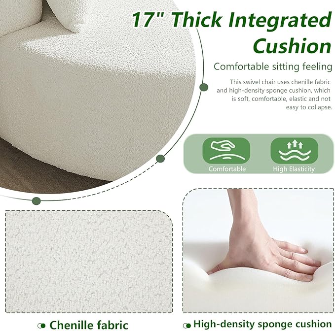 55.1 W Oversized Swivel Accent Chair Large 360° Rotating Barrel Chair with 6 Pillows Comfy Chenille Round Swivel Armchair for Living Room Bedroom Beige