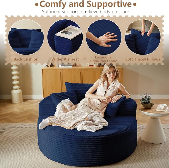 Oversized Round Chair Lounge Chaise Indoor Upholstered Corduroy Deep Seat Cloud Large Circle Sofa Chair No Assembly Required Fluffy Modern Sleeper Sofa Bed for Reading Living Room Bedroom Blue