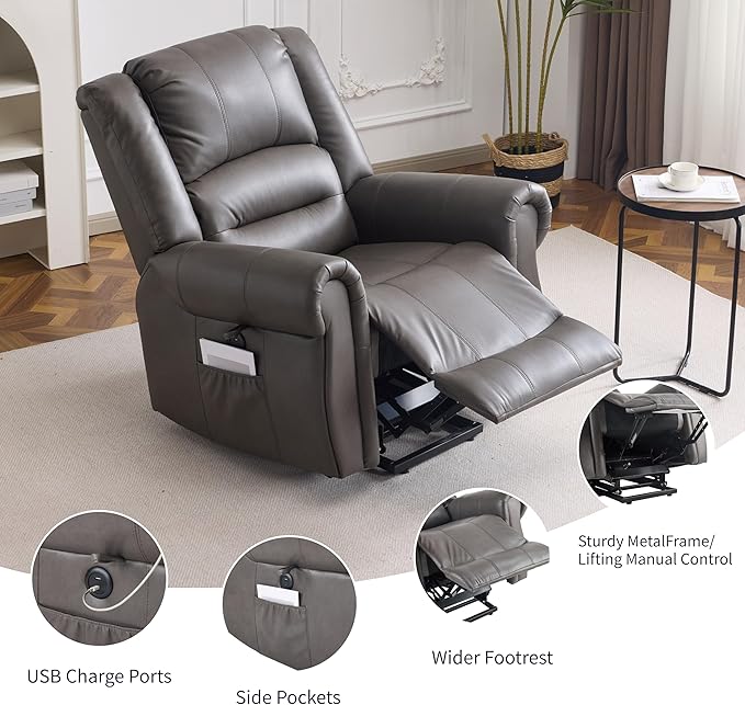 Power Lift Recliner Chair with Massage and Heating PU Leather Electric Recliner Sofa with USB Charger 300lbs Capacity Lift Chair 8-Point Massage &amp Lumbar Heating Easy Assembly(Gray)