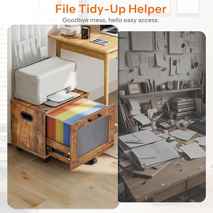 HOOBRO File Cabinet Rolling File Cart Under Desk Small Filing Cabinet File Organizer Box Home Office File Basket with Drawer for A4 Letter Files Rustic Brown and Black BF11WJ01G1