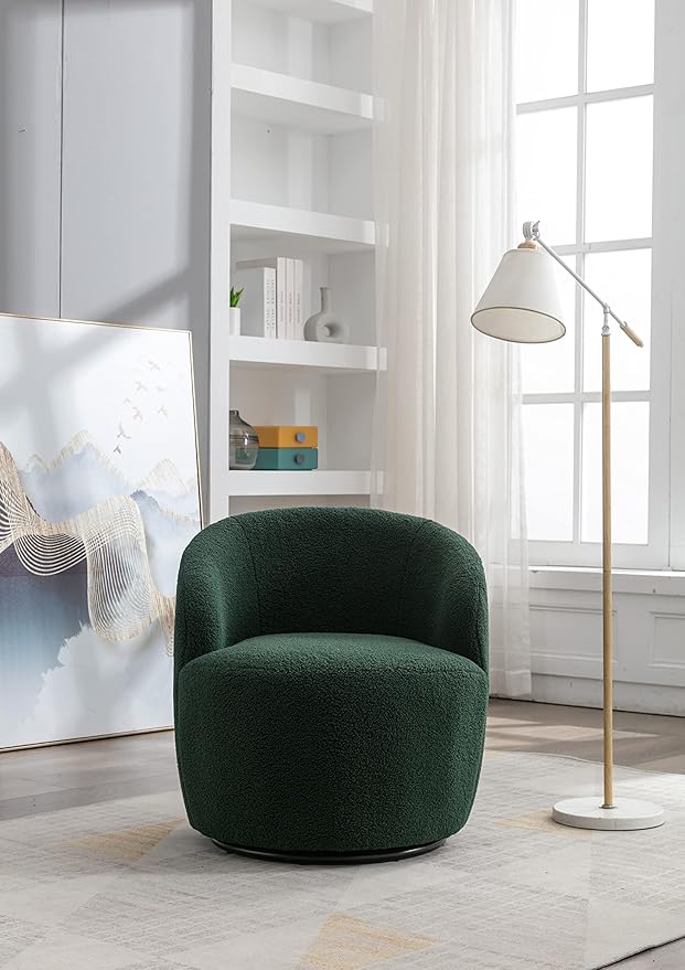 Swivel Accent Chair 360 Degree Round Swivel Barrel Chair Dressing Chair for Living Room Modern Upholstered Accent Armchairs with Metal Base Teddy Swivel Chair for Bedroom Office (Dark Green)