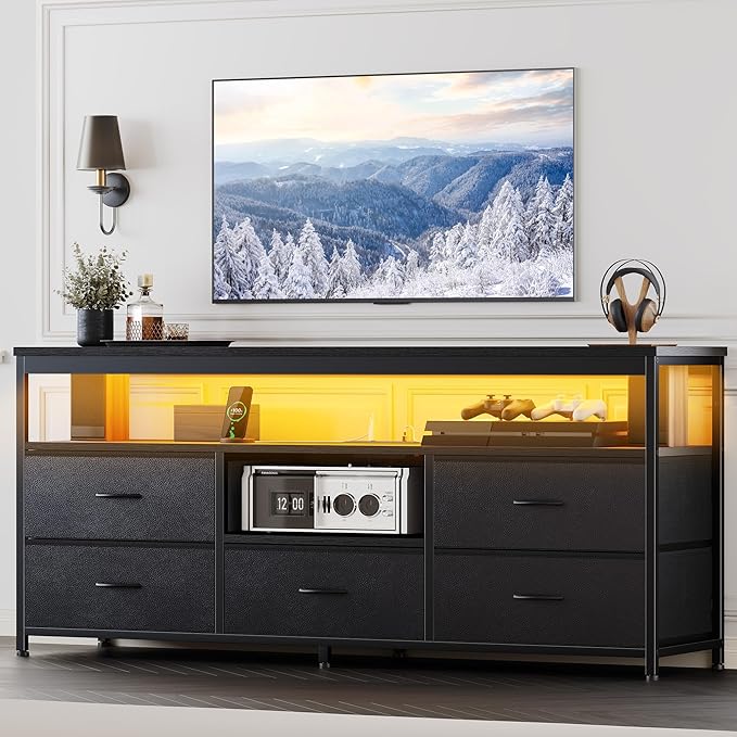 TV Stand for 60 Inch TV Entertainment Center with LED Lights &amp Power Outlets 5 Drawers Dresser for Bedroom with Open Storage Shelves Console Table for Living Room Bedroom Hallway