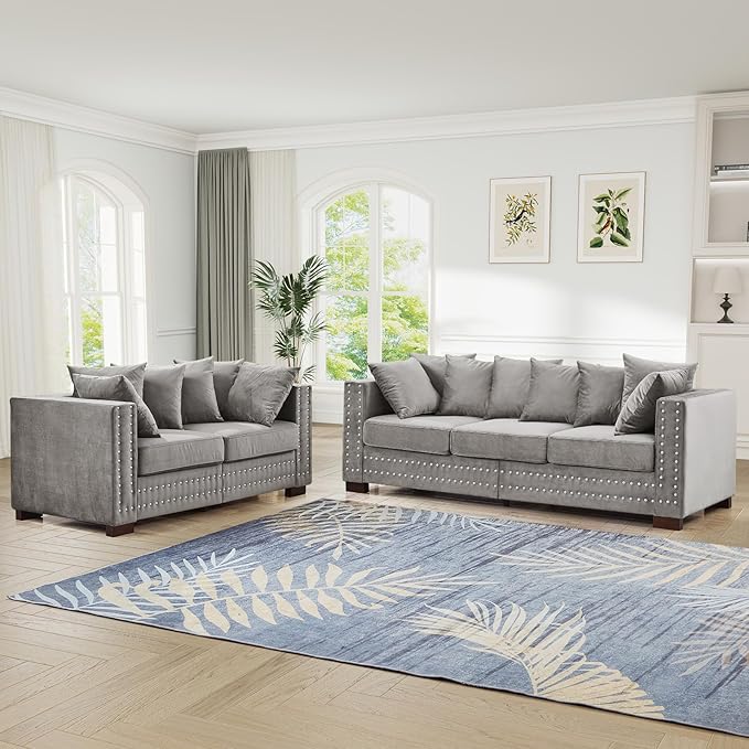 84.5W Mid Century Modern Couch with Storage Upholstered Velvet Sofa Deep Seat Chesterfield Couch with Nailhead Trim &amp Pillows 3-Seat Comfy Sofa for Living Room Bedroom Apartment Office(Grey