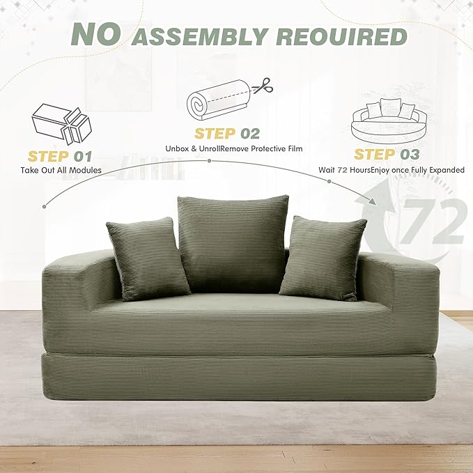 TTK 67” Oversized Round Sofa Bed 2 in 1 Convertible Circle Bed Folding Futon Lazy Floor Round Chaise Lounge Chair Comfy Corduroy Boneless Loveseat Couch for Living Room Apartment No Assembly (Green)
