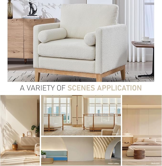 35.4 Ivory Boucle Modern Accent Chair with Wood Legs - Pocket Spring Foam SeatBolster PillowsEasy Assembly Reading Armchair Single Sofa for Living Room &amp OfficesLounge (Ivory+Natural Legs)