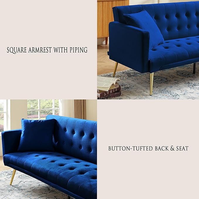Anwick Modern Velvet Futon Sofa Bed: 72 Satin Convertible 2 Pillows Tufted Back Golden Metal Legs Folding Sleeper Loveseat for Small Space Home Office Living Room (Blue)